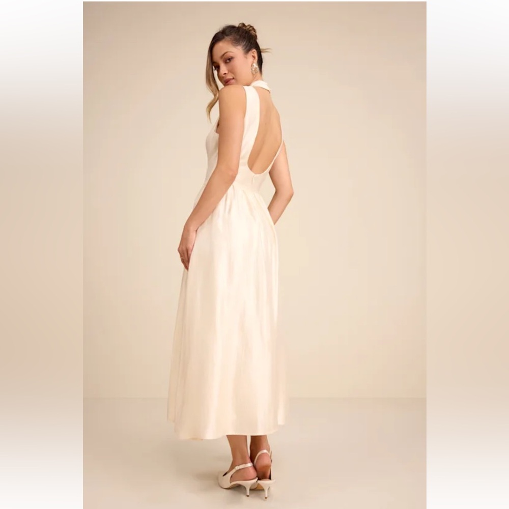 Lulus Rivia ivory mock neck cutout Midi Dress size M NEW #4G